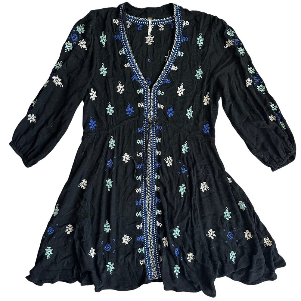 Free People Black, Stargazer, Embroidered, Long Sleeve, Boho, Mini Dress- S